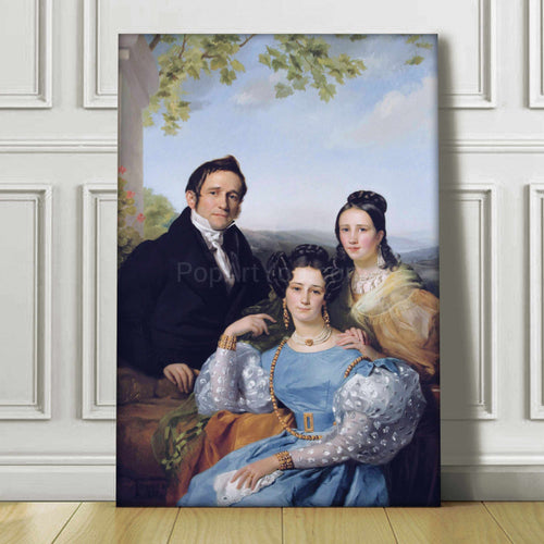 Portrait of a family dressed in historical royal clothes standing on a wooden floor against a white wall