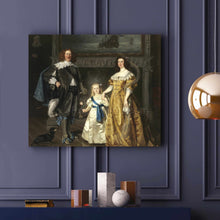 Load image into Gallery viewer, A portrait of a family dressed in historical royal clothes hangs on a blue wall near two books
