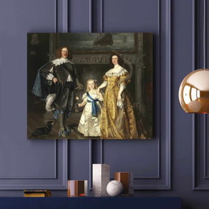 A portrait of a family dressed in historical royal clothes hangs on a blue wall near two books