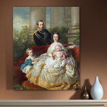 Load image into Gallery viewer, A portrait of a family dressed in historical royal clothes sitting near a column hangs on a beige wall near two vases
