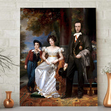 Load image into Gallery viewer, A portrait of a family dressed in historical regal attires sitting near a tree stands on a gray floor near two bronze vases
