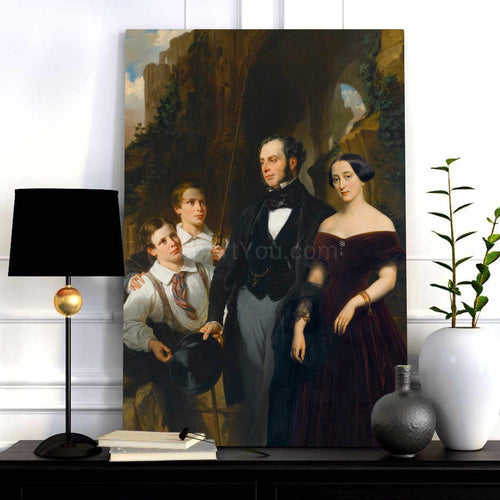 A portrait of a family dressed in black regal attires stands on a black table near a white vase