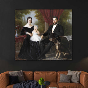 Portrait of a family dressed in black royal clothes hangs on a black wall above a brown sofa