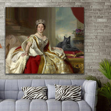 Load image into Gallery viewer, Portrait of a woman dressed in golden regal attire sitting beside her cat hangs on a gray brick wall above the sofa
