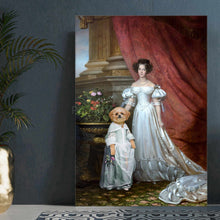 Load image into Gallery viewer, Portrait of a woman and a cat with a human body, dressed in white royal attires, stands on a gray floor near a golden vase
