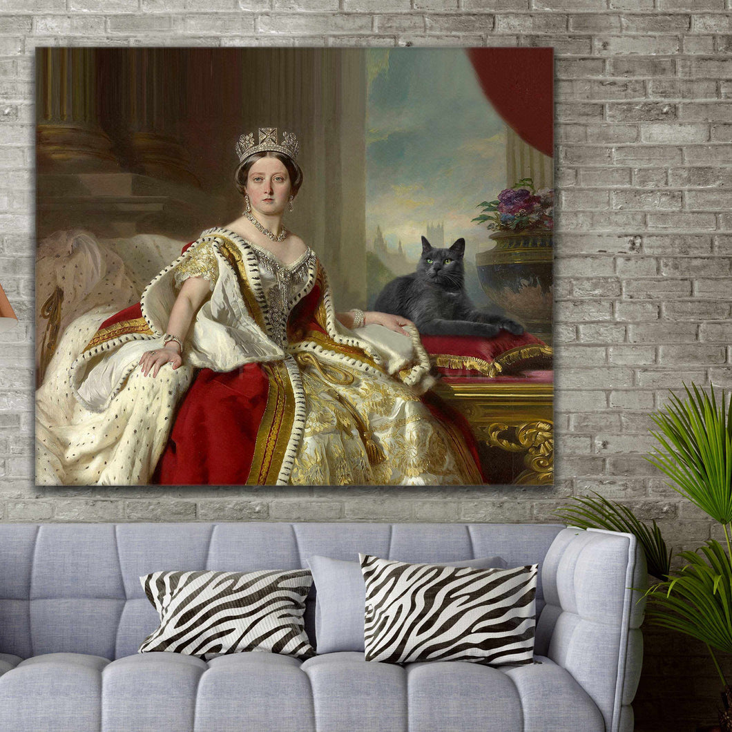 Portrait of a woman dressed in golden regal attire sitting beside her cat hangs on a gray brick wall above the sofa