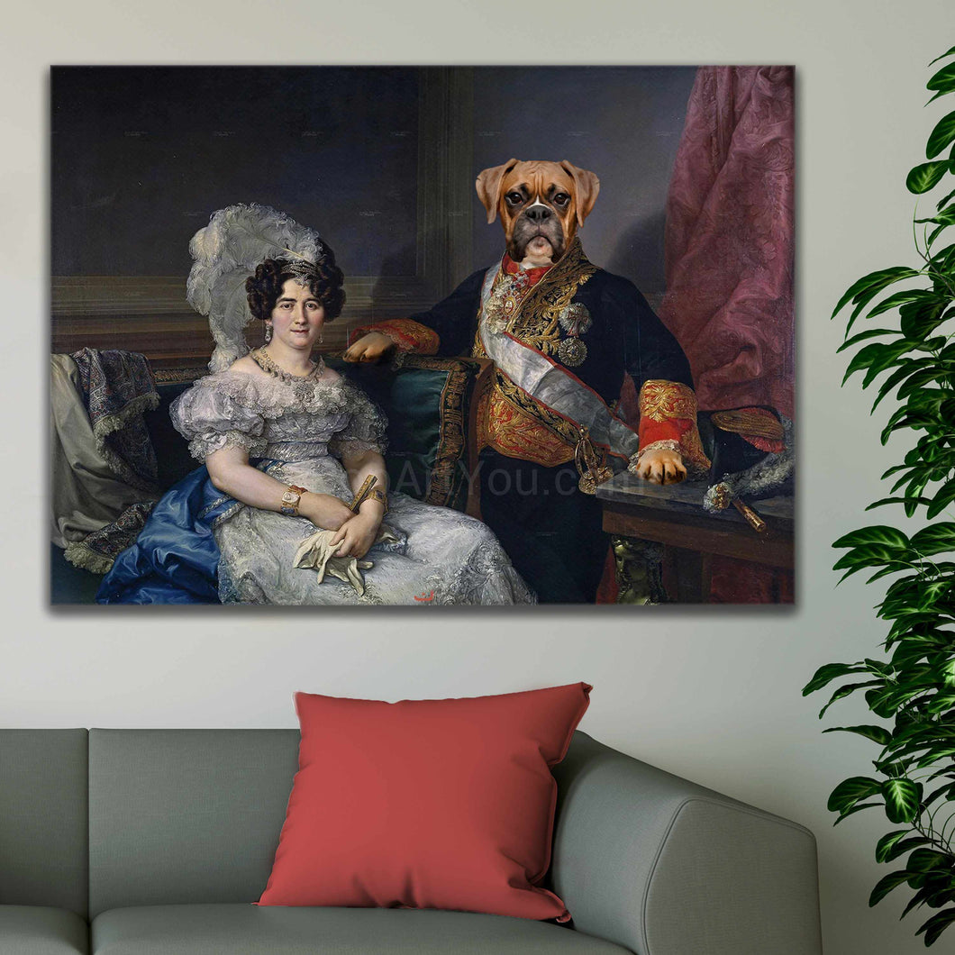 Portrait of a woman and her dog dressed in historical royal clothes hangs on the gray wall above the sofa