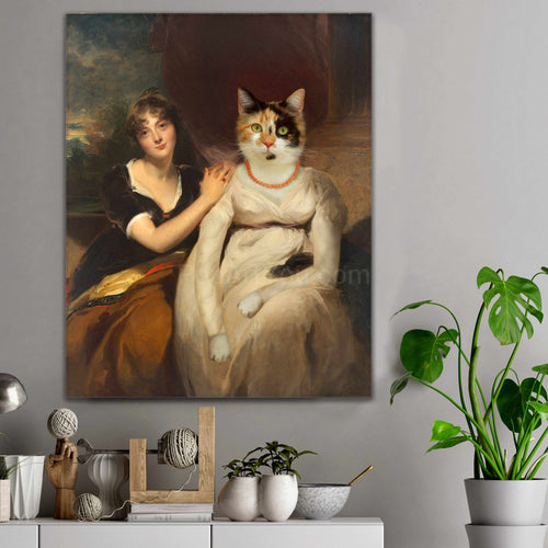 A portrait of a woman and her cat dressed in white royal clothes hangs on a gray wall near a flowerpot