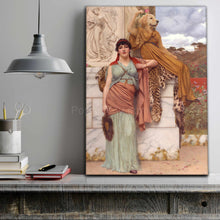 Load image into Gallery viewer, Portrait of a woman in the garden with her pet dressed in historical royal attires stands on a gray wooden shelf near books
