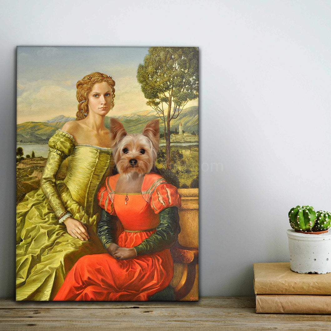Portrait of a woman dressed in a royal green dress and a dog with a human body dressed in attire stands on a wooden floor near a cactus