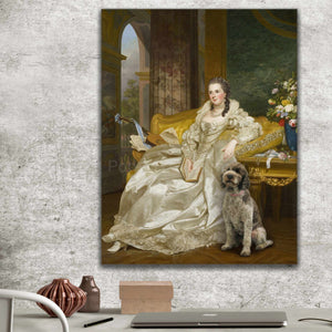 Portrait of a woman dressed in yellow royal clothes sitting near her dog hangs on the gray wall above the work table