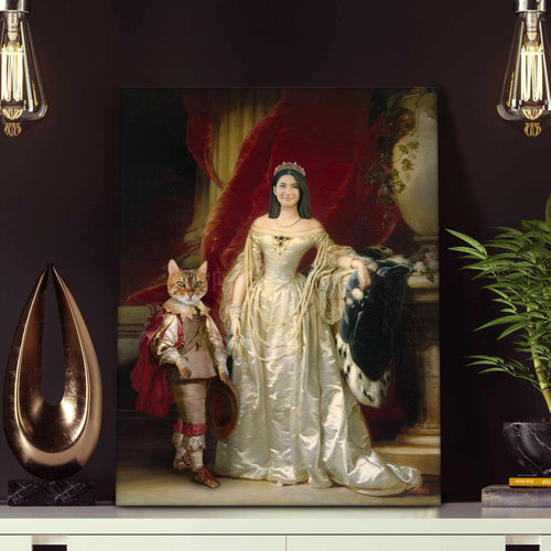 A portrait of a woman and a cat with a human body, dressed in white royal clothes, stands on a white shelf near two light bulbs