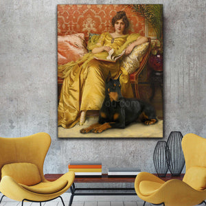 Portrait of a woman dressed in golden regal attire sitting beside her dog hangs on a gray wall above two yellow armchairs