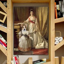 Load image into Gallery viewer, Portrait of a woman and a dog with a human body dressed in historical royal attires stands on a wooden shelf near books
