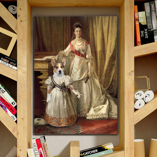 Portrait of a woman and a dog with a human body dressed in historical royal attires stands on a wooden shelf near books