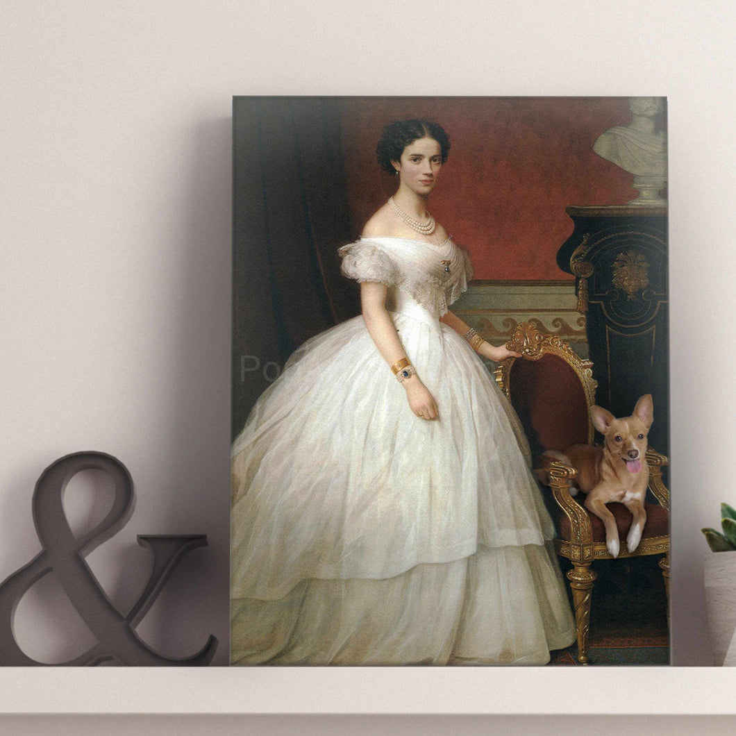 Portrait of a woman dressed in a white royal dress standing near her dog stands on a white table