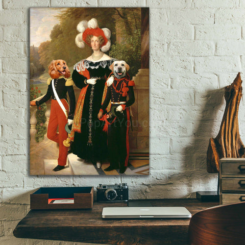 Portrait of a woman and her two dogs with human bodies dressed in black royal attires hanging on a white brick wall above the work table