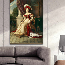 Load image into Gallery viewer, Portrait of a woman dressed in a red royal dress with a hat sitting next to her white cat hanging on a gray wall above the sofa
