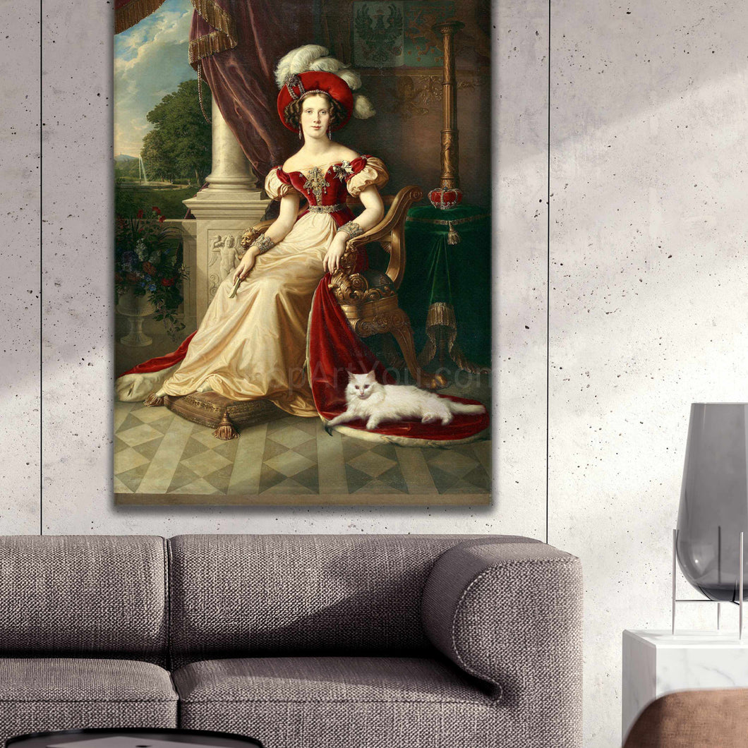 Portrait of a woman dressed in a red royal dress with a hat sitting next to her white cat hanging on a gray wall above the sofa