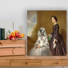 Load image into Gallery viewer, Portrait of a woman and her dog with the body of a man dressed in historical regal clothes stands on a wooden table near flowers
