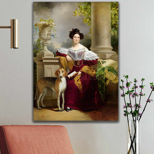 Portrait of a woman with dark hair wearing a red royal dress with a hat sitting next to her dog hanging on a white wall above a red armchair
