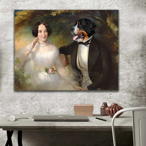 Portrait of a woman and her dog with the ebody of a man dressed in historical royal attires hanging on a gray wall above a work table