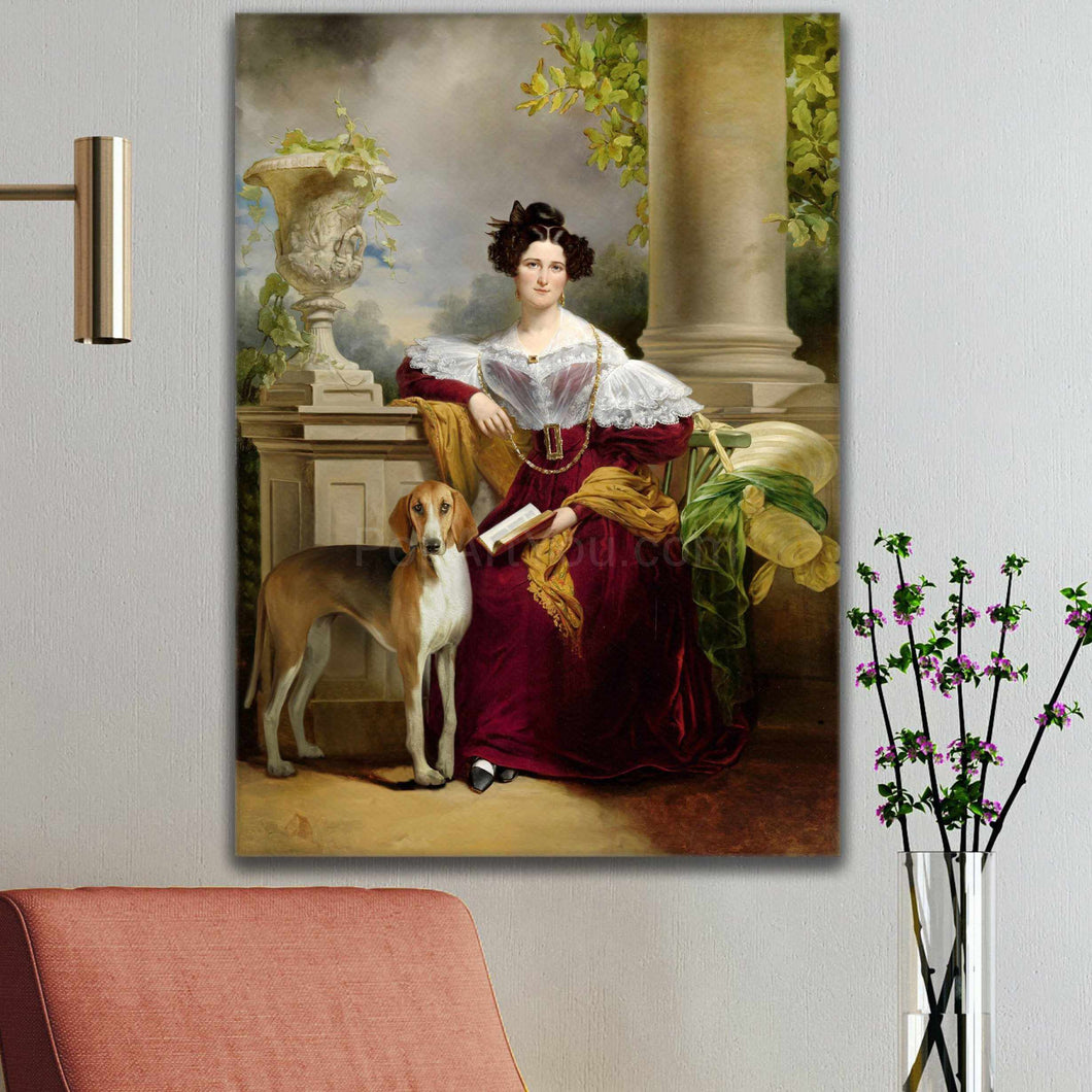 Portrait of a woman with dark hair wearing a red royal dress with a hat sitting next to her dog hanging on a white wall above a red armchair