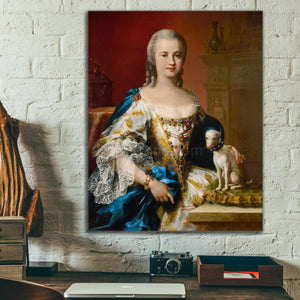 Portrait of a woman with blond hair dressed in a blue royal dress sitting next to her dog hanging on a white brick wall above the work table
