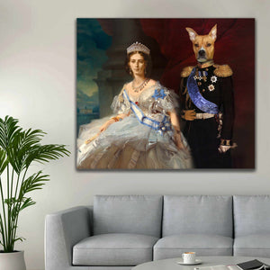 Portrait of a woman and her dog with the body of a man dressed in historical royal clothes hanging on a white wall above the sofa