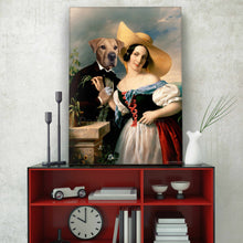 Load image into Gallery viewer, Portrait of a woman and her dog with the body of a man dressed in historical regal attires stands on a red table near the clock
