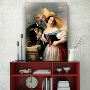 Portrait of a woman and her dog with the body of a man dressed in historical regal attires stands on a red table near the clock